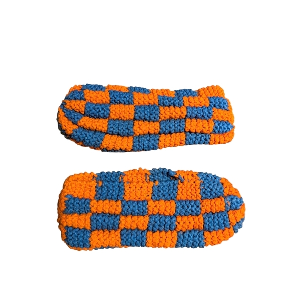 Handmade Knitted Acrylic Yarn Slippers Pantouffles Blue Orange - Picture 4 of 5